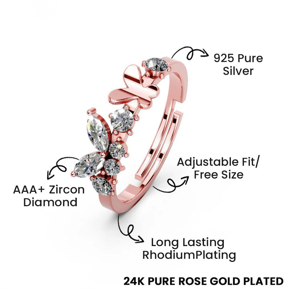 LUSO 92.5% Pure Sterling Silver Rose Gold Plated Butterfly Design Adjustable Ring