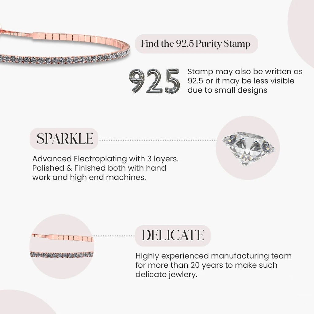 LUSO 92.5% Pure Sterling Silver Rose Gold Plated Tennis Bracelet with American Diamond
