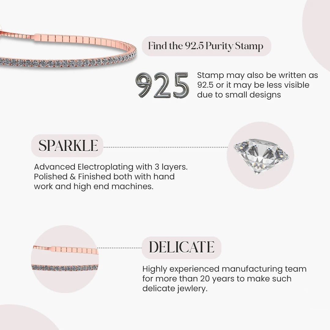LUSO 92.5% Pure Sterling Silver Rose Gold Plated Tennis Bracelet with American Diamond