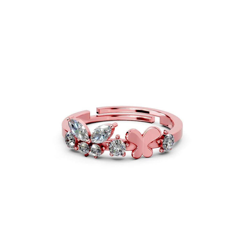 LUSO 92.5% Pure Sterling Silver Rose Gold Plated Butterfly Design Adjustable Ring