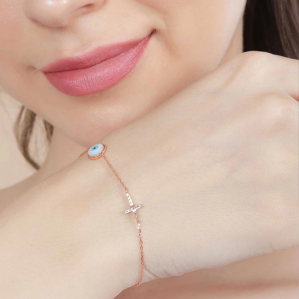 LUSO 92.5% Pure Sterling Silver Evil Eye Rose Gold Plated Bracelet with Cross