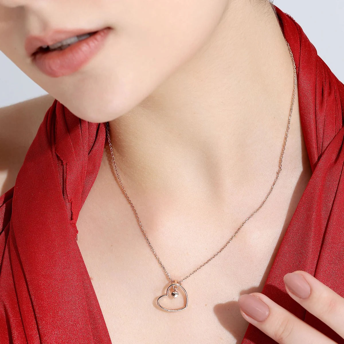 LUSO 92.5% Pure Sterling Silver Rose Gold Plated Open Heart Pendant with Dangling Mini Heart Charm