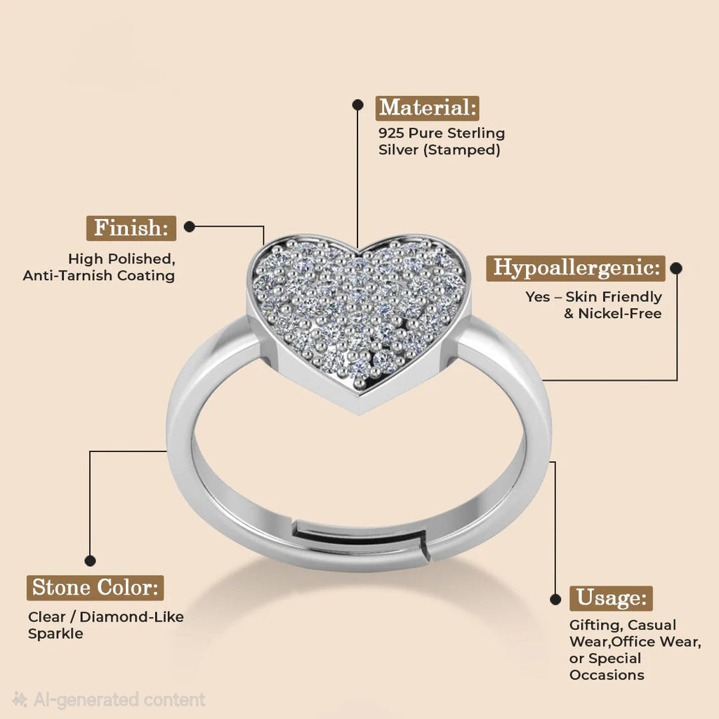 LUSO 92.5% Pure Sterling Silver Adjustable Trendor Heart Decor Ring