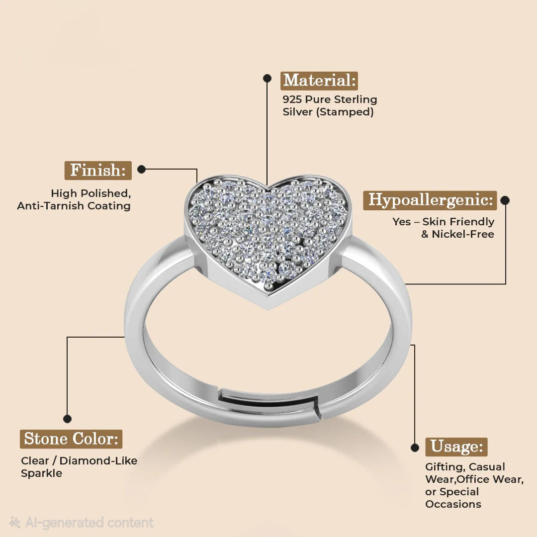 LUSO 92.5% Pure Sterling Silver Adjustable Trendor Heart Decor Ring