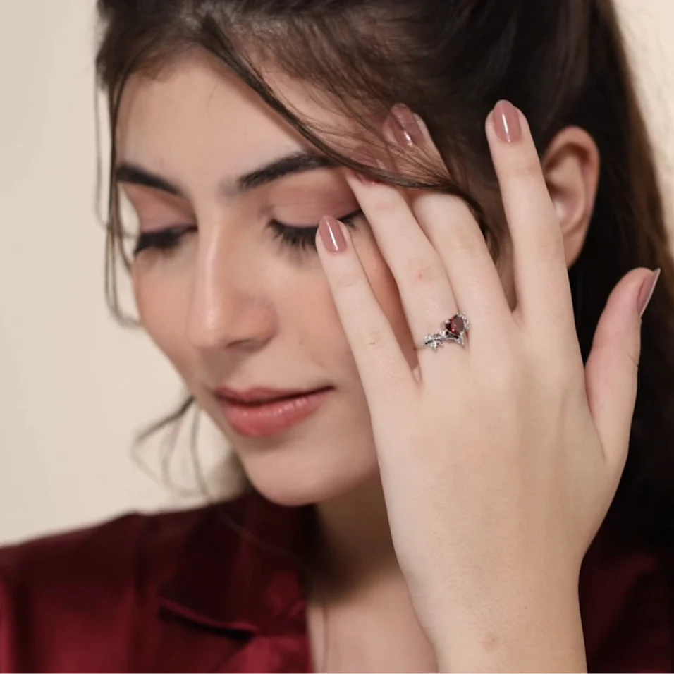 LUSO 92.5% Pure Sterling Silver Adjustable Red Heart CZ Stone Ring