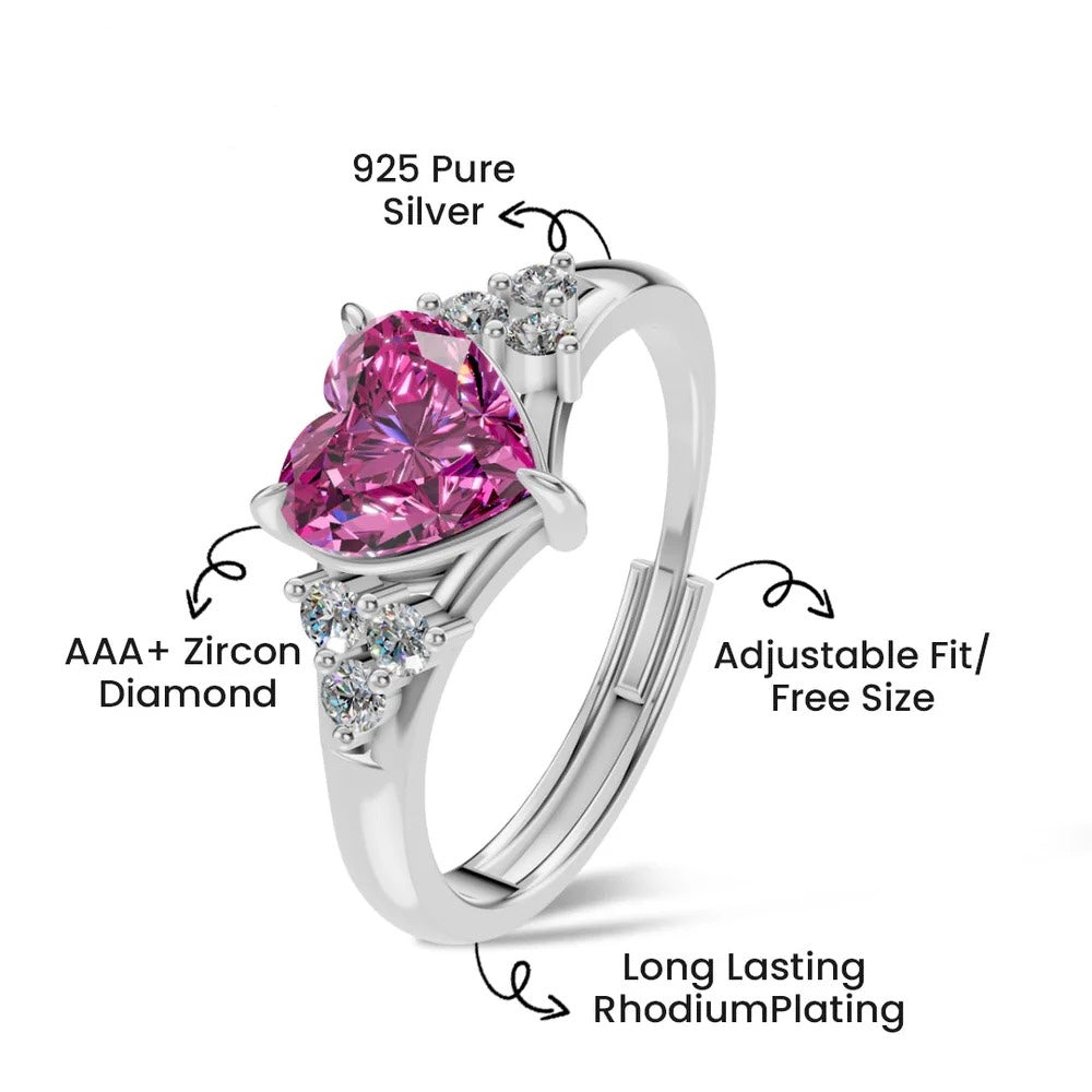 LUSO 92.5% Pure Sterling Silver Adjustable Pink Heart CZ Diamond Ring