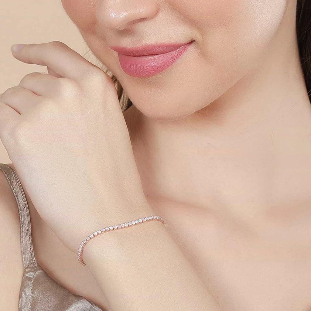LUSO 92.5% Pure Sterling Silver Rose Gold Plated Tennis Bracelet with American Diamond