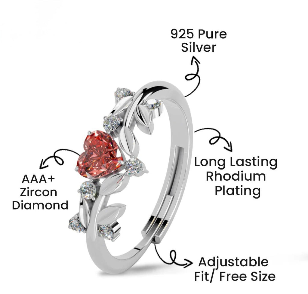 LUSO 92.5% Pure Sterling Silver Adjustable Red Heart CZ Stone Ring