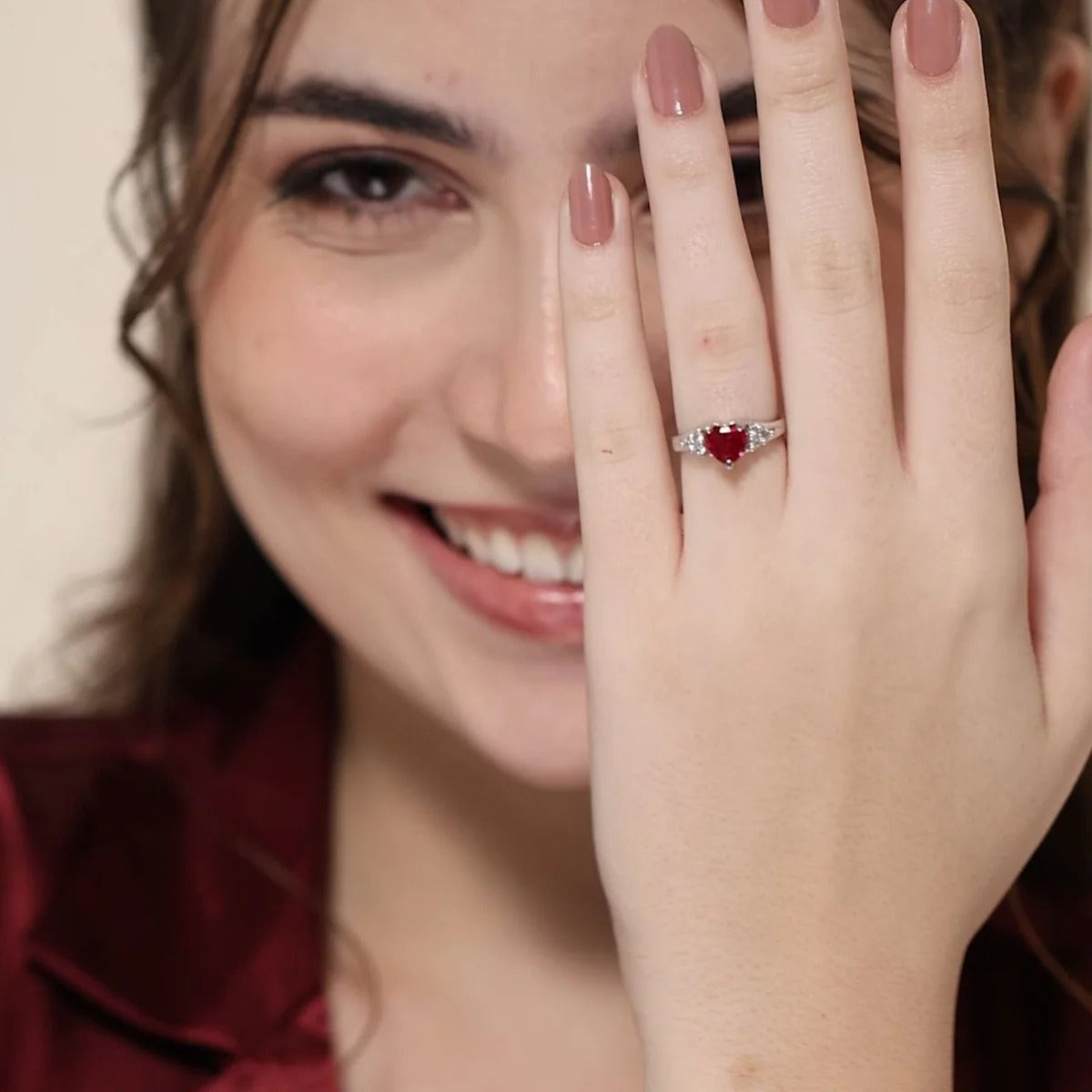 LUSO 92.5% Pure Sterling Silver Adjustable Red Heart CZ Diamond Ring