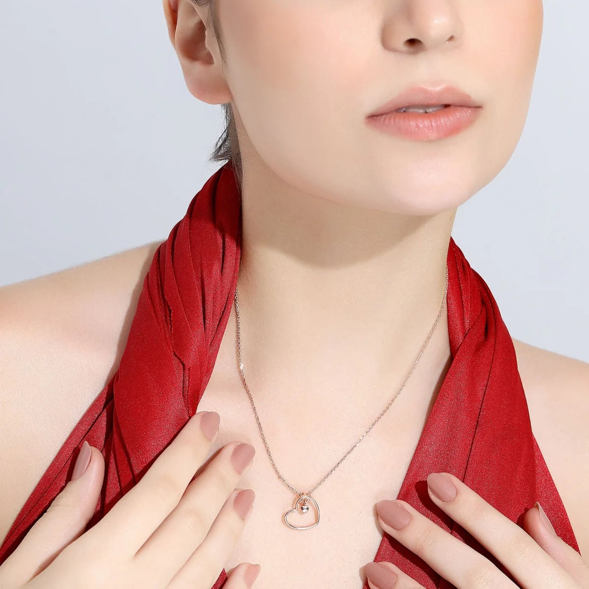 LUSO 92.5% Pure Sterling Silver Rose Gold Plated Open Heart Pendant with Dangling Mini Heart Charm