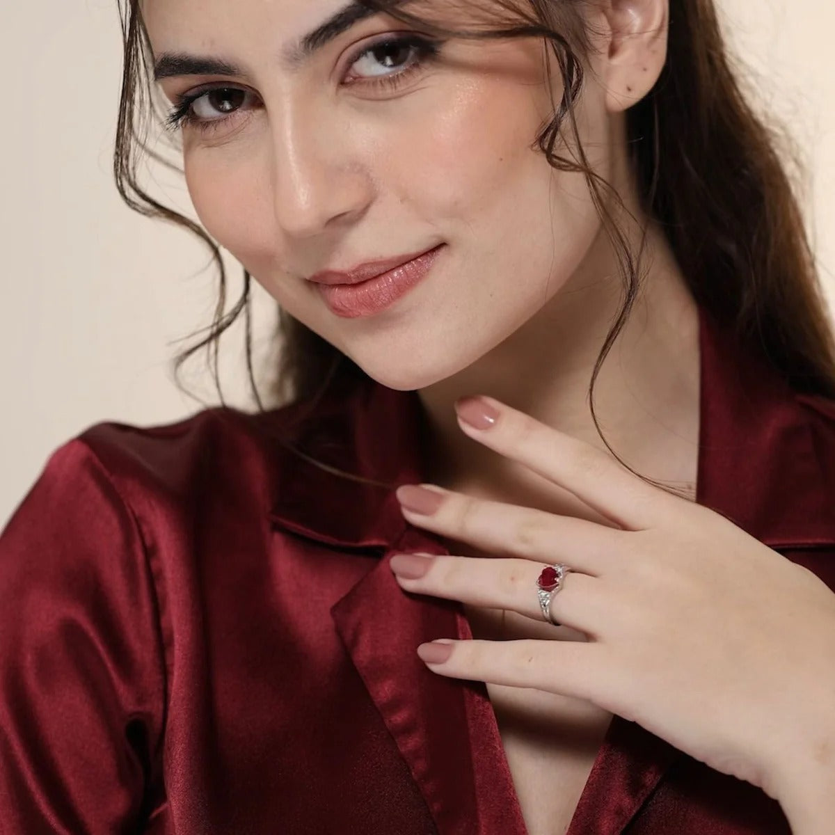 LUSO 92.5% Pure Sterling Silver Adjustable Red Heart CZ Diamond Ring