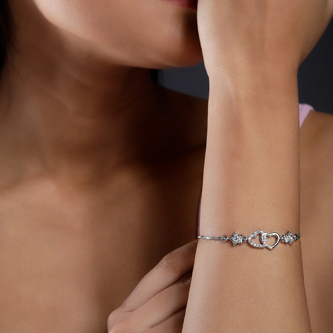 LUSO 92.5% Pure Sterling Silver Heart Charm Bracelet