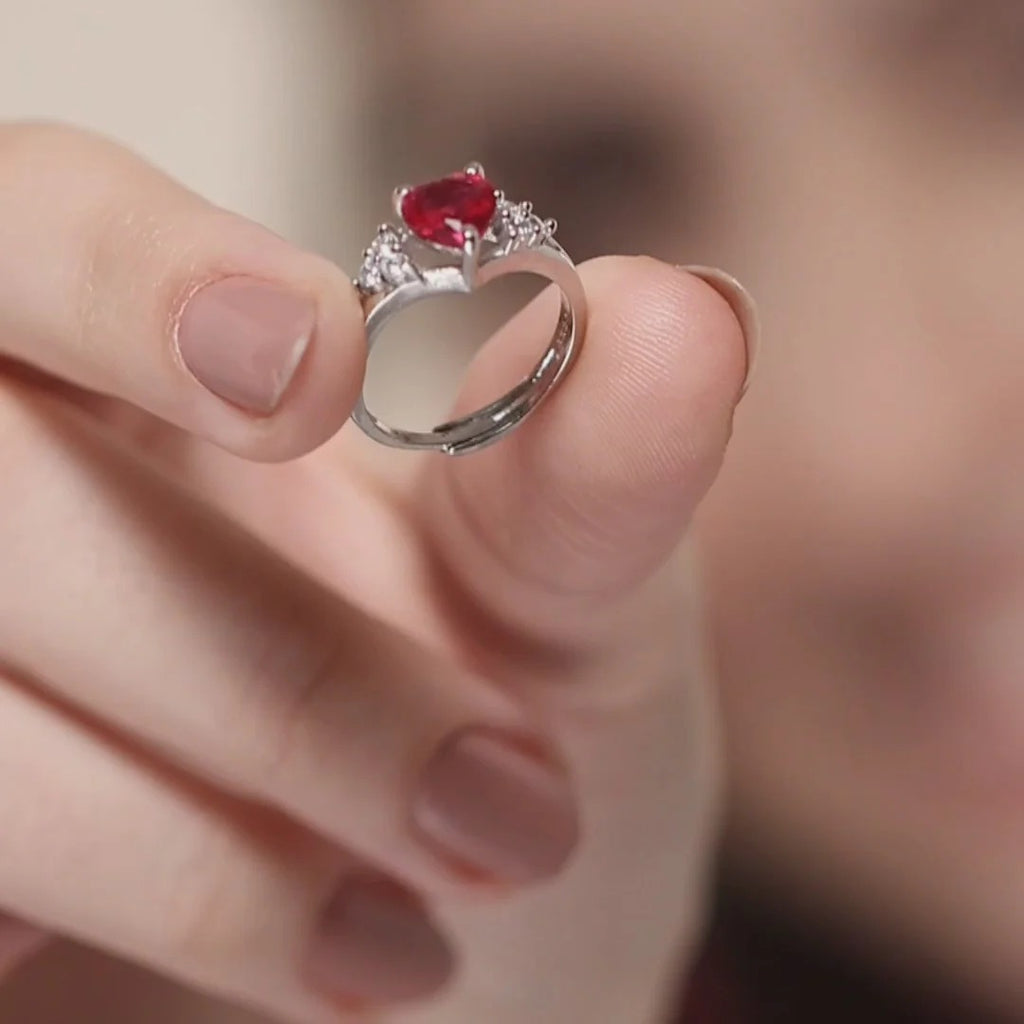 LUSO 92.5% Pure Sterling Silver Adjustable Red Heart CZ Diamond Ring