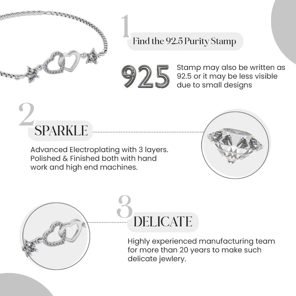 LUSO 92.5% Pure Sterling Silver Heart Charm Bracelet