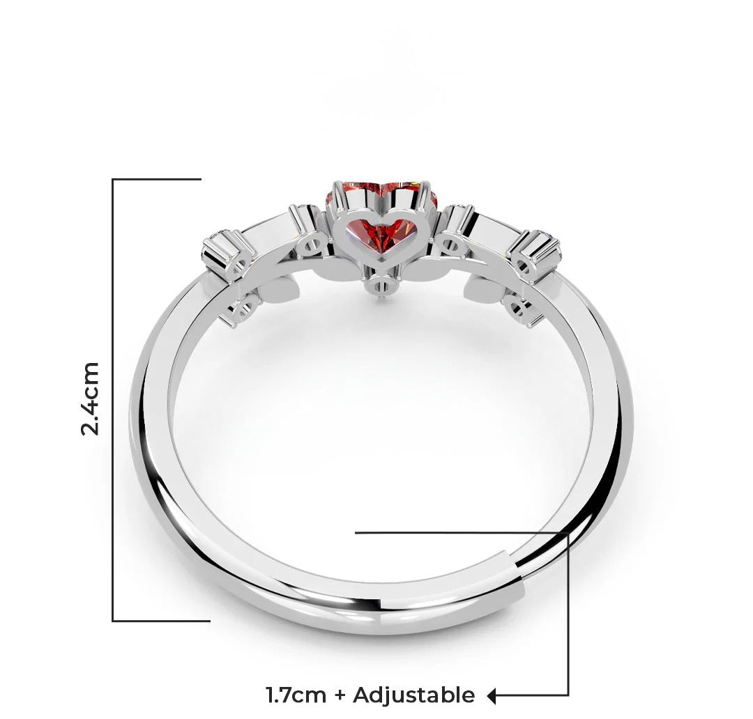 LUSO 92.5% Pure Sterling Silver Adjustable Red Heart CZ Stone Ring