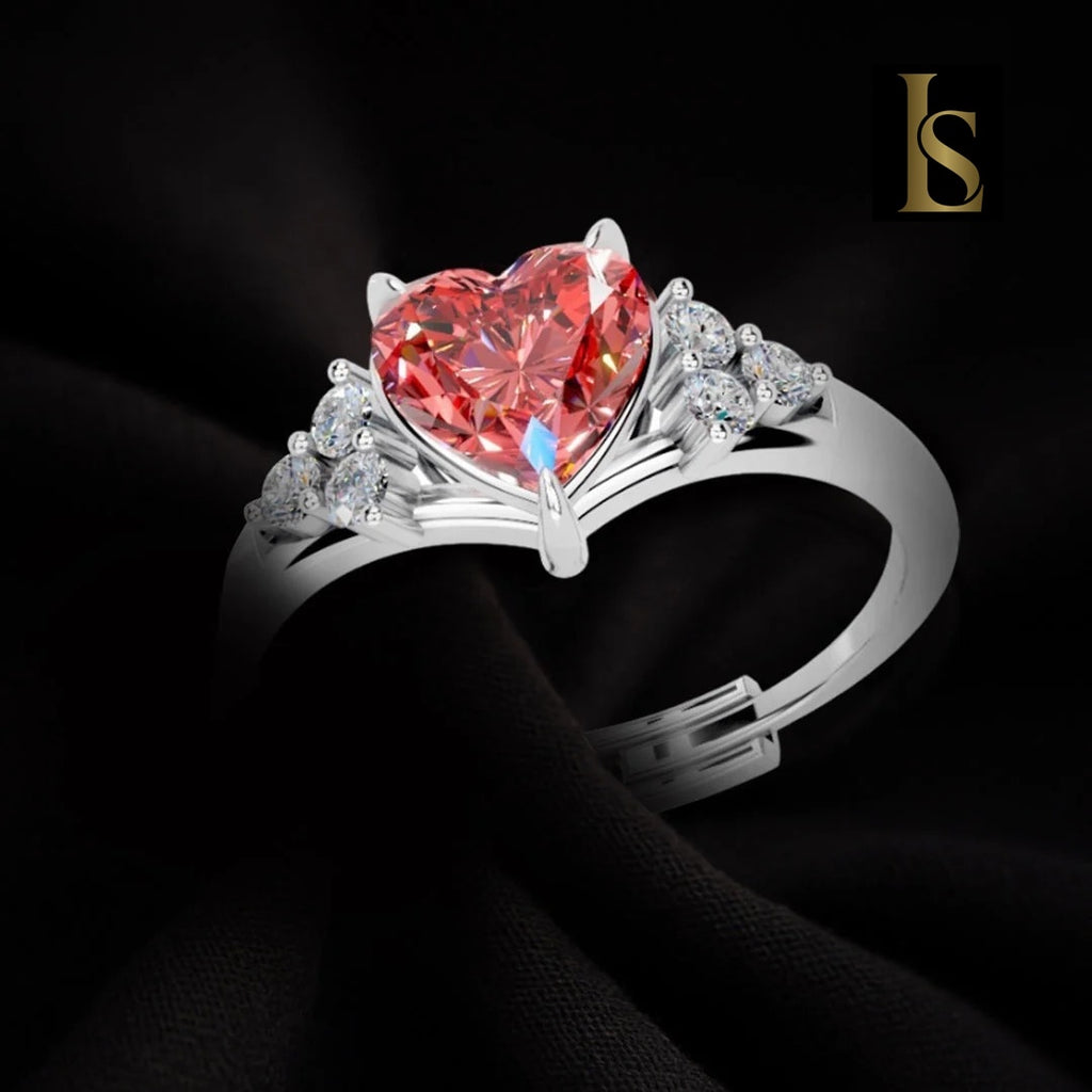 LUSO 92.5% Pure Sterling Silver Adjustable Red Heart CZ Diamond Ring