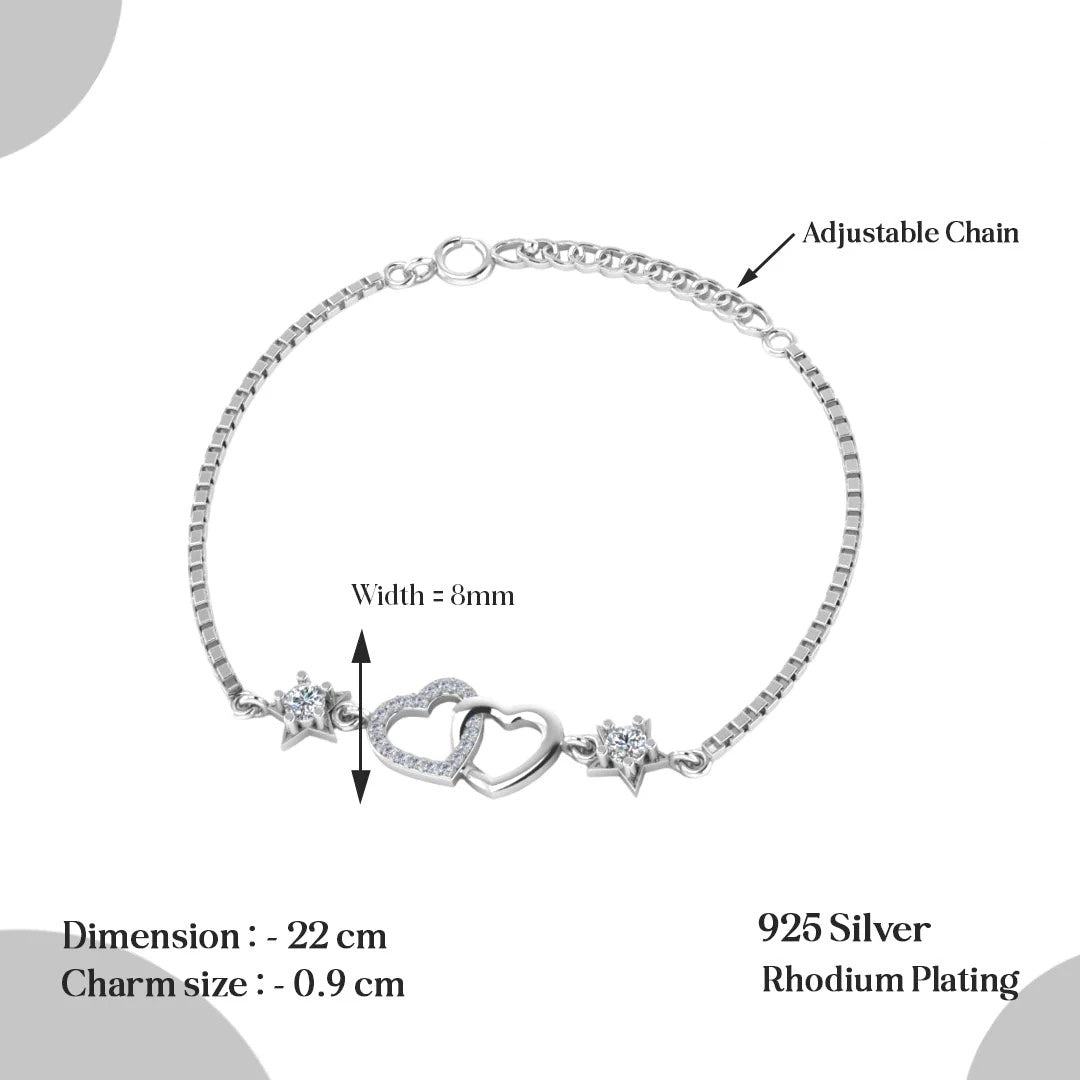 LUSO 92.5% Pure Sterling Silver Heart Charm Bracelet