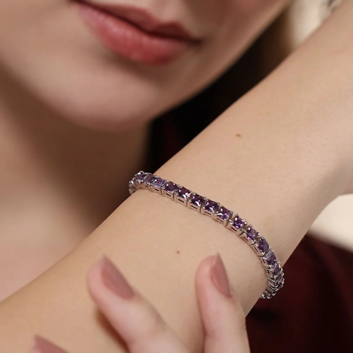 LUSO 92.5% Pure Sterling Silver Adjustable Purple Zircon Diamond, Rhodium Plated Tennis Bracelet