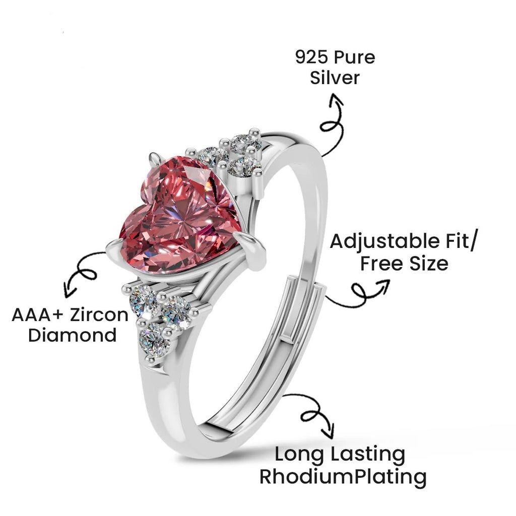 LUSO 92.5% Pure Sterling Silver Adjustable Red Heart CZ Diamond Ring