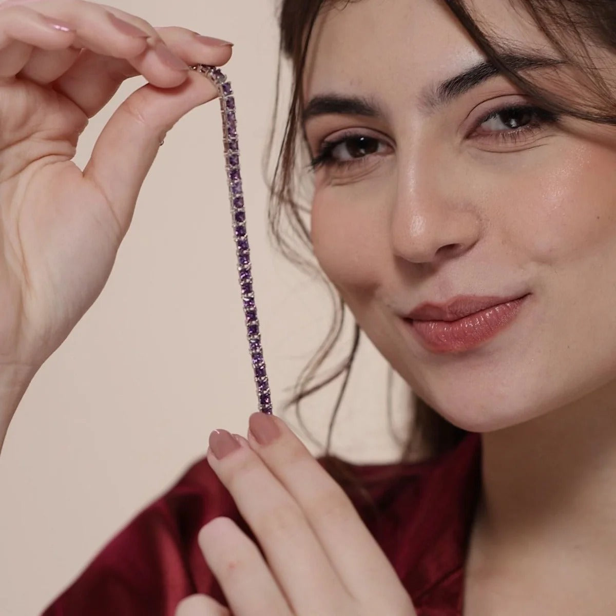 LUSO 92.5% Pure Sterling Silver Adjustable Purple Zircon Diamond, Rhodium Plated Tennis Bracelet