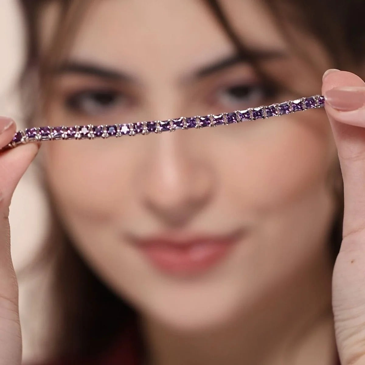 LUSO 92.5% Pure Sterling Silver Adjustable Purple Zircon Diamond, Rhodium Plated Tennis Bracelet