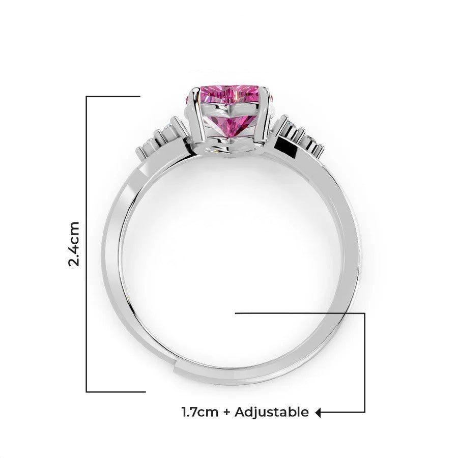 LUSO 92.5% Pure Sterling Silver Adjustable Pink Heart CZ Diamond Ring