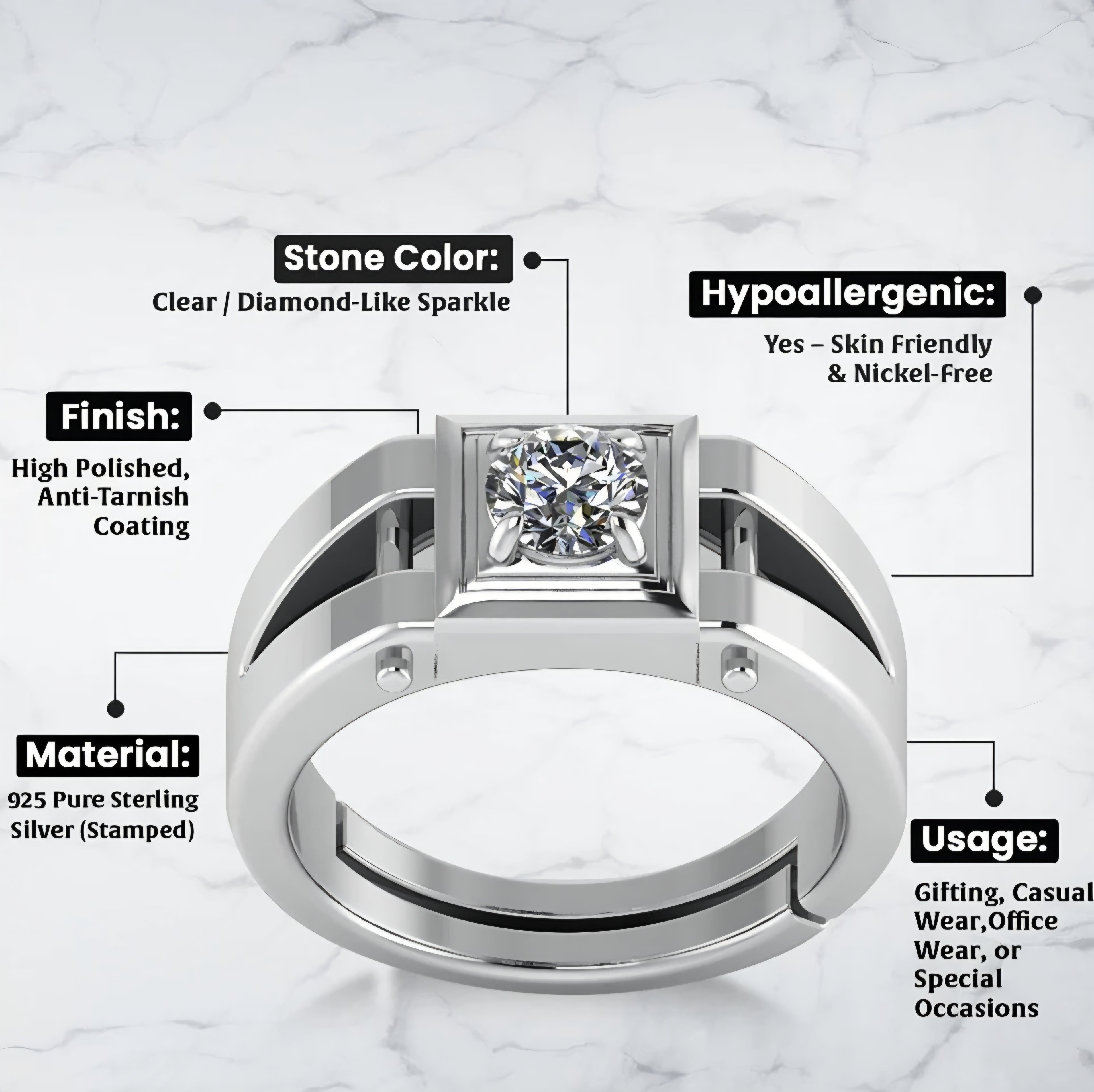 LUSO 92.5% Pure Sterling Silver Stardom Mens Ring