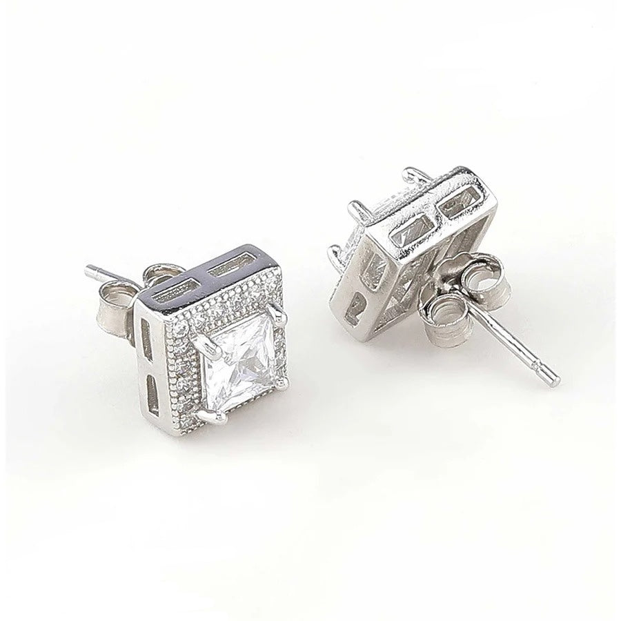 LUSO 92.5% Pure Sterling Silver Square Solitaire Pendant Set with Earrings (No Chain)