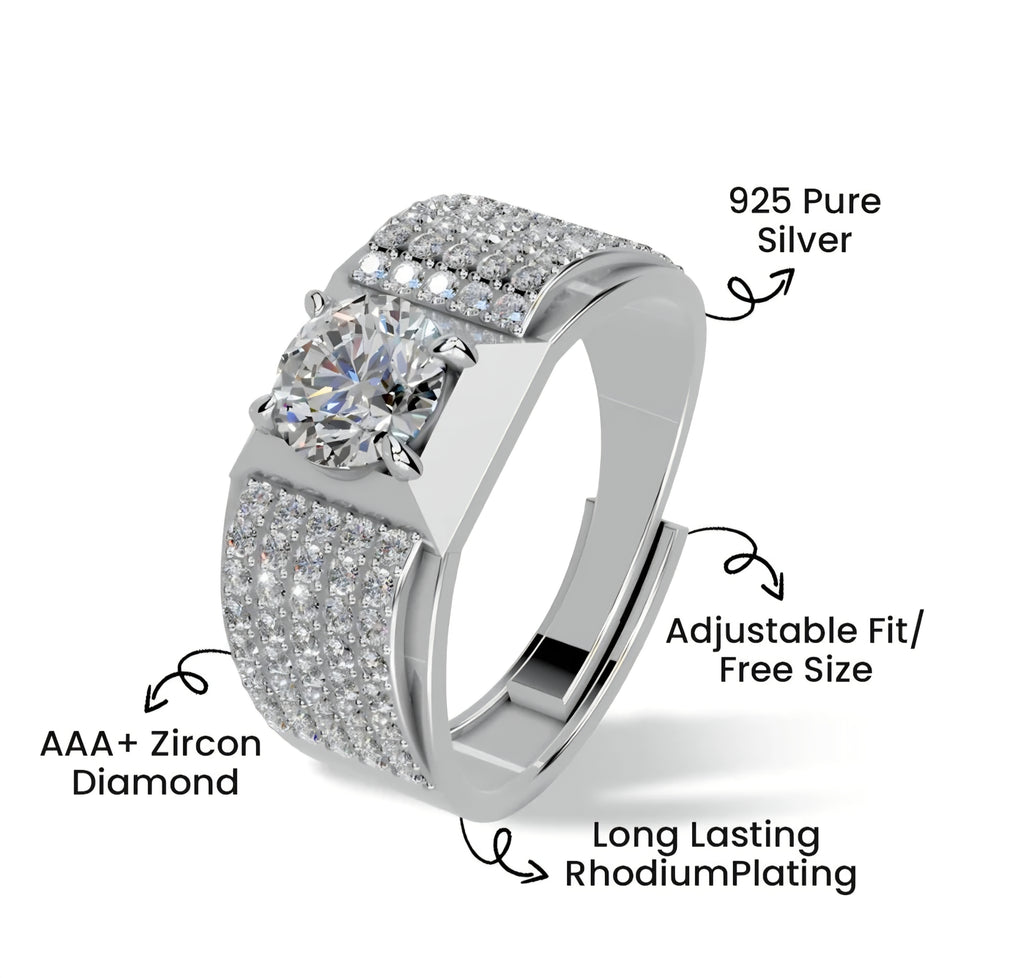 LUSO 92.5% Pure Sterling Silver Solitaire Ring For Men