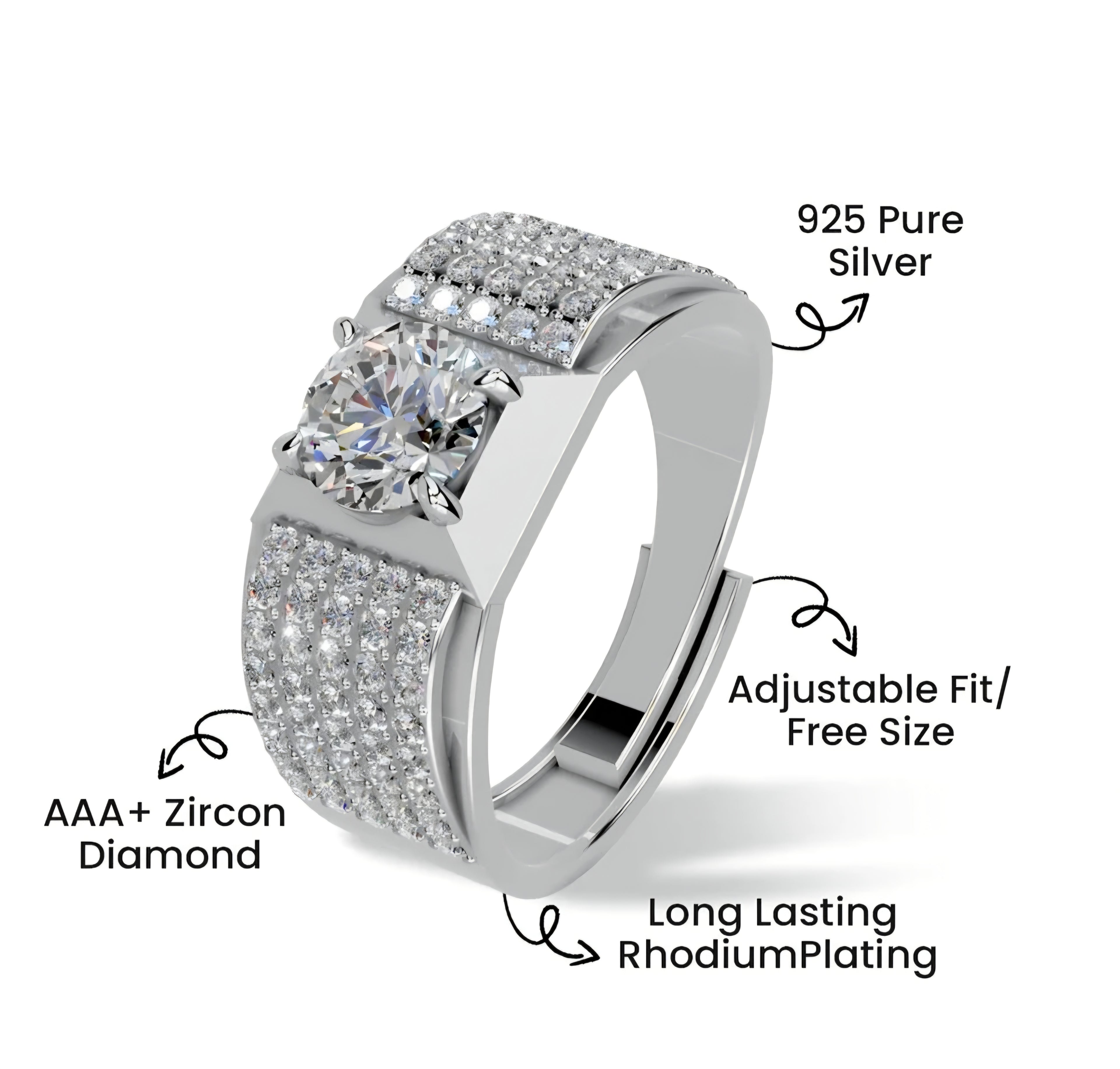 LUSO 92.5% Pure Sterling Silver Solitaire Ring For Men