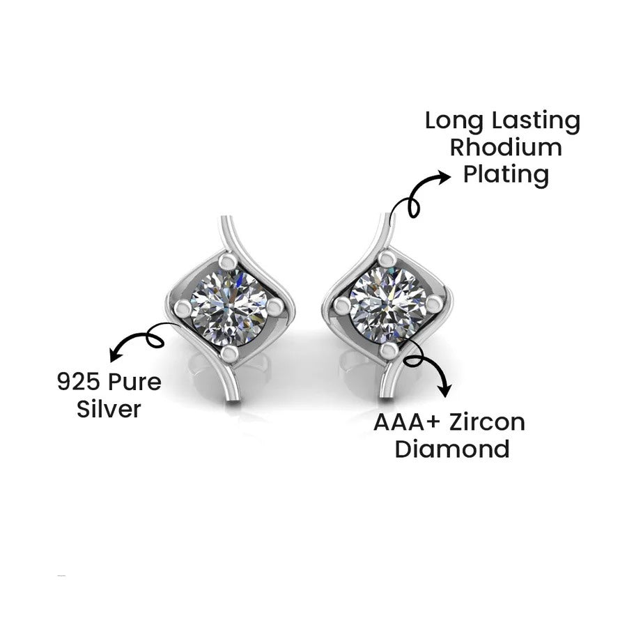 LUSO 92.5% Pure Sterling Silver Swirl Stud Earrings with Zircon Stone