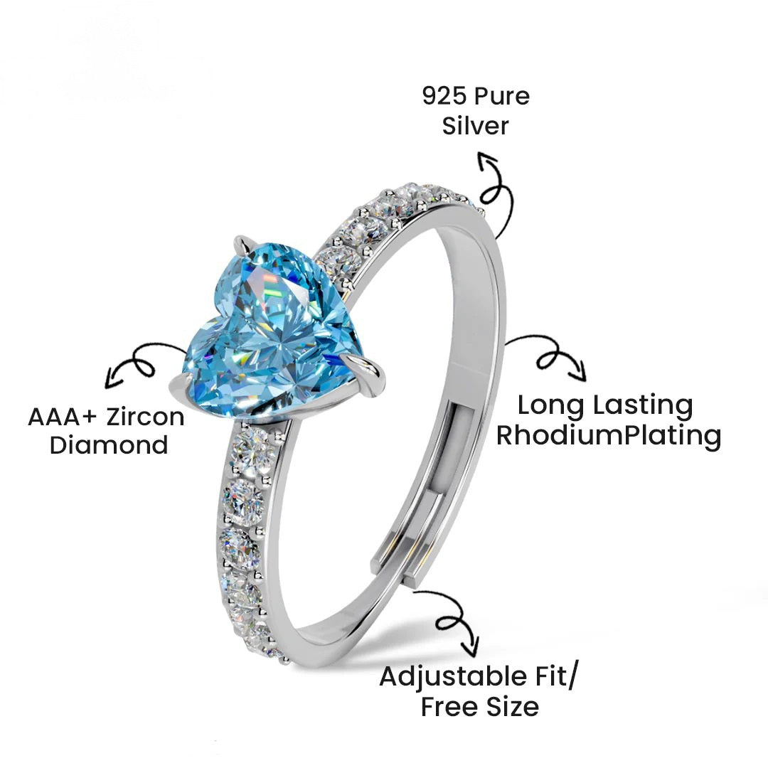 LUSO 92.5% Pure Sterling Silver Heart-Shaped Blue Zircon Ring