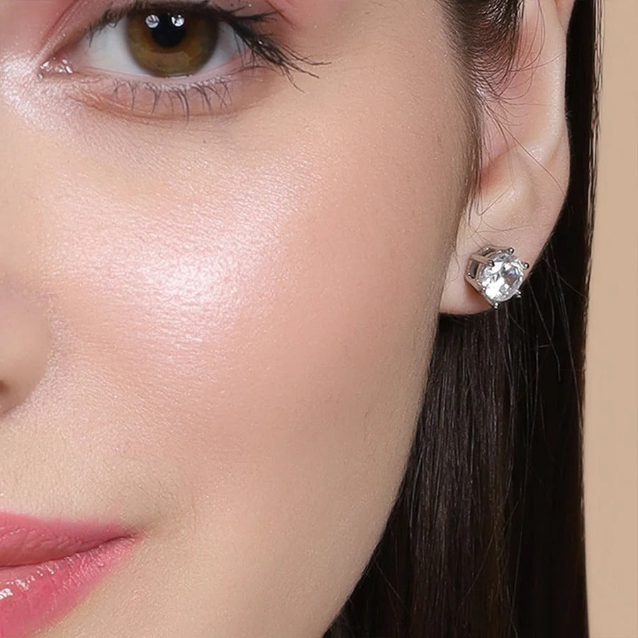 LUSO 92.5% Sterling Silver Classic Solitaire diamond Stud Earrings