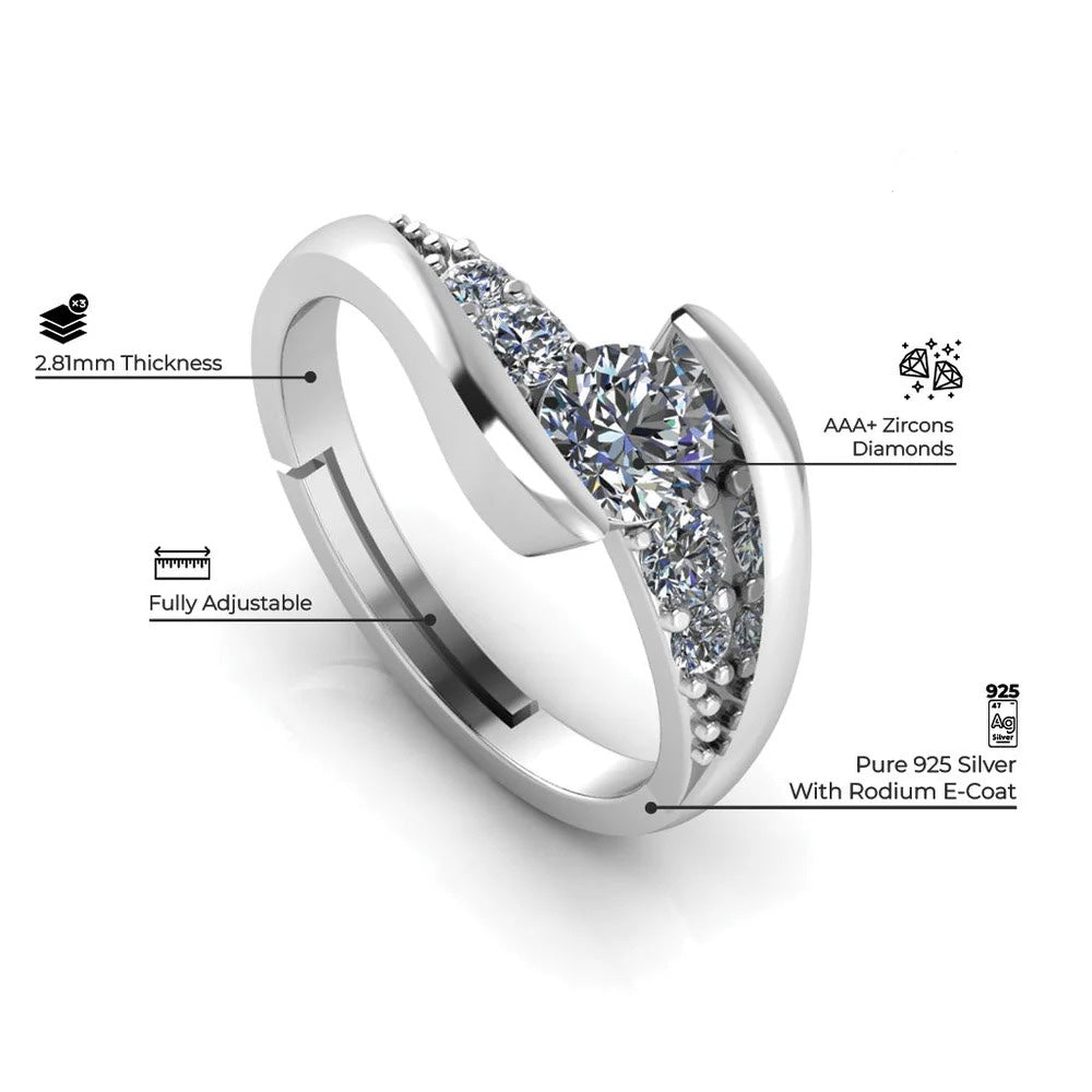 LUSO 92.5% Pure Sterling Silver Crystal Solitaire Diamond Statement Ring