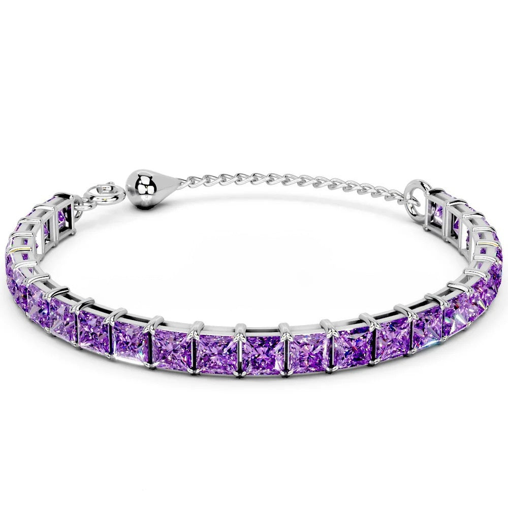 LUSO 92.5% Pure Sterling Silver Adjustable Purple Zircon Diamond, Rhodium Plated Tennis Bracelet