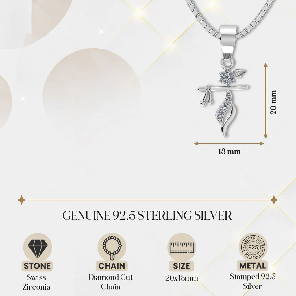 LUSO 92.5% Pure Sterling Silver Shri Krishna Flute Pendant pendent with chain