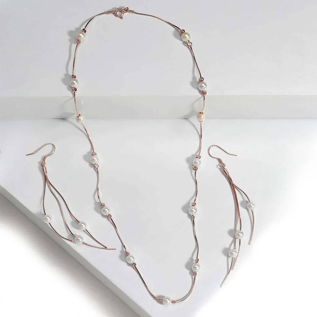 LUSO 92.5% Pure Sterling Silver Rose Gold Plated Pearl-Studded Necklace set