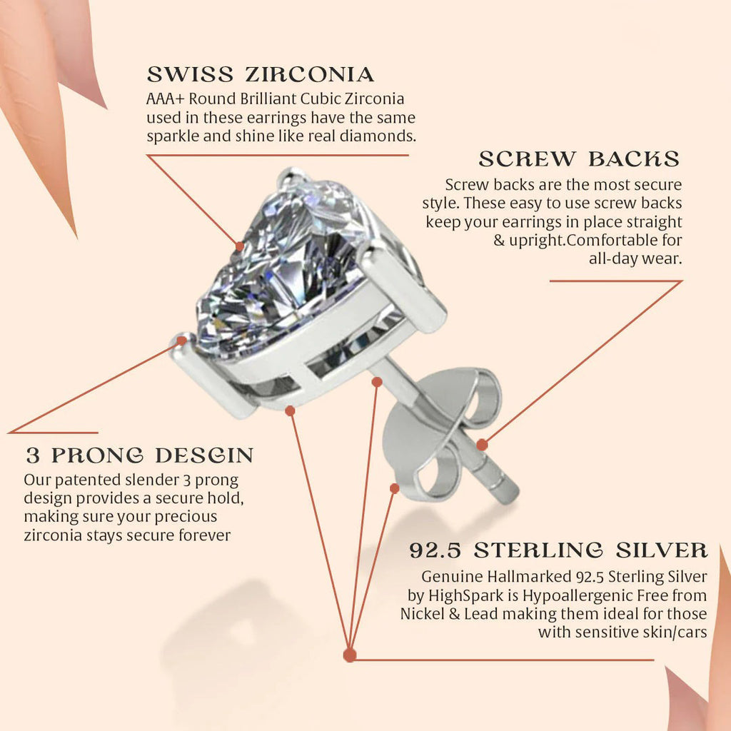 LUSO 92.5% Pure Sterling Sterling Heart Shape Diamond Stud Earrings