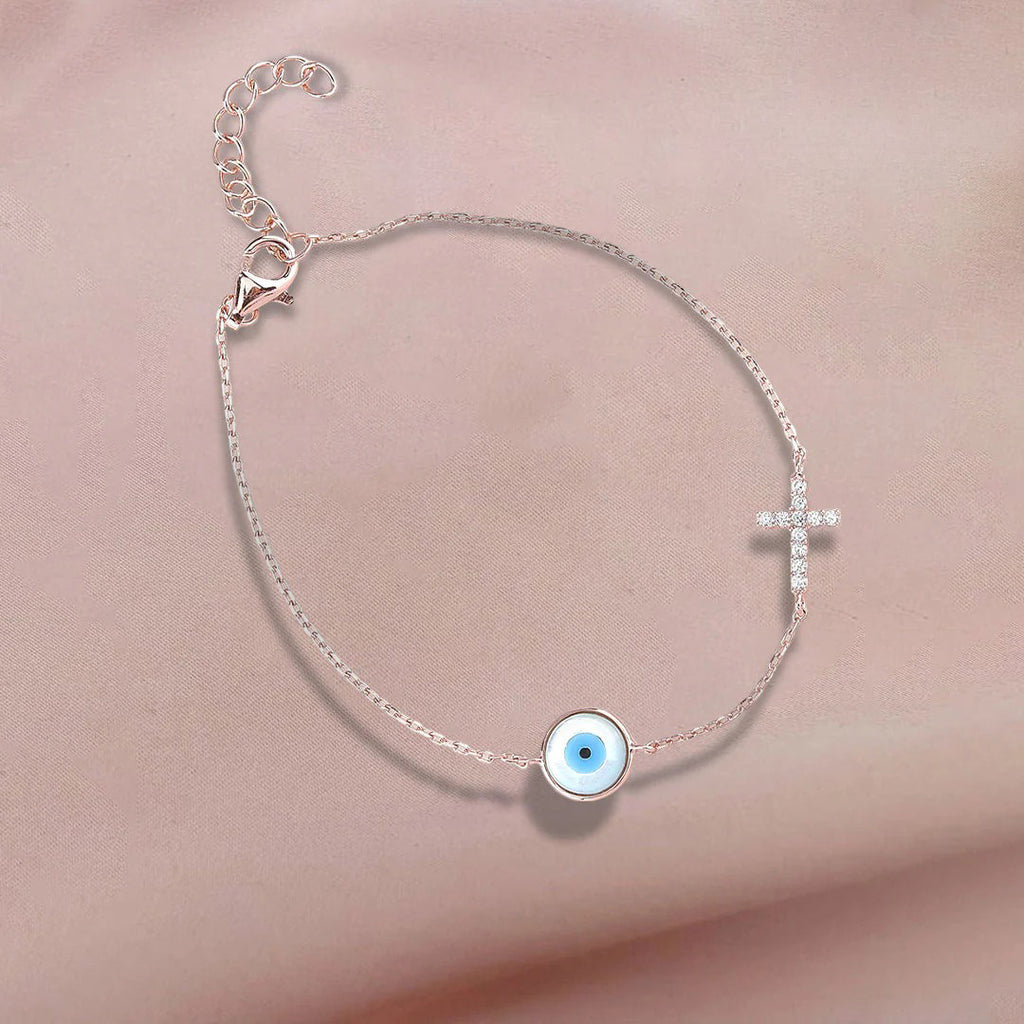 LUSO 92.5% Pure Sterling Silver Evil Eye Rose Gold Plated Bracelet with Cross