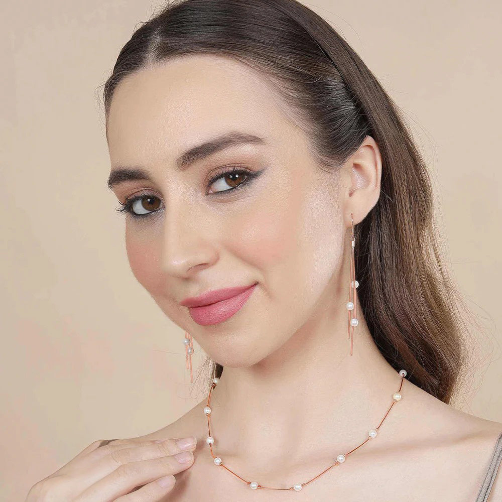 LUSO 92.5% Pure Sterling Silver Rose Gold Plated Pearl-Studded Necklace set