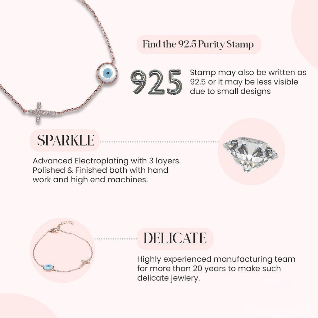 LUSO 92.5% Pure Sterling Silver Evil Eye Rose Gold Plated Bracelet with Cross