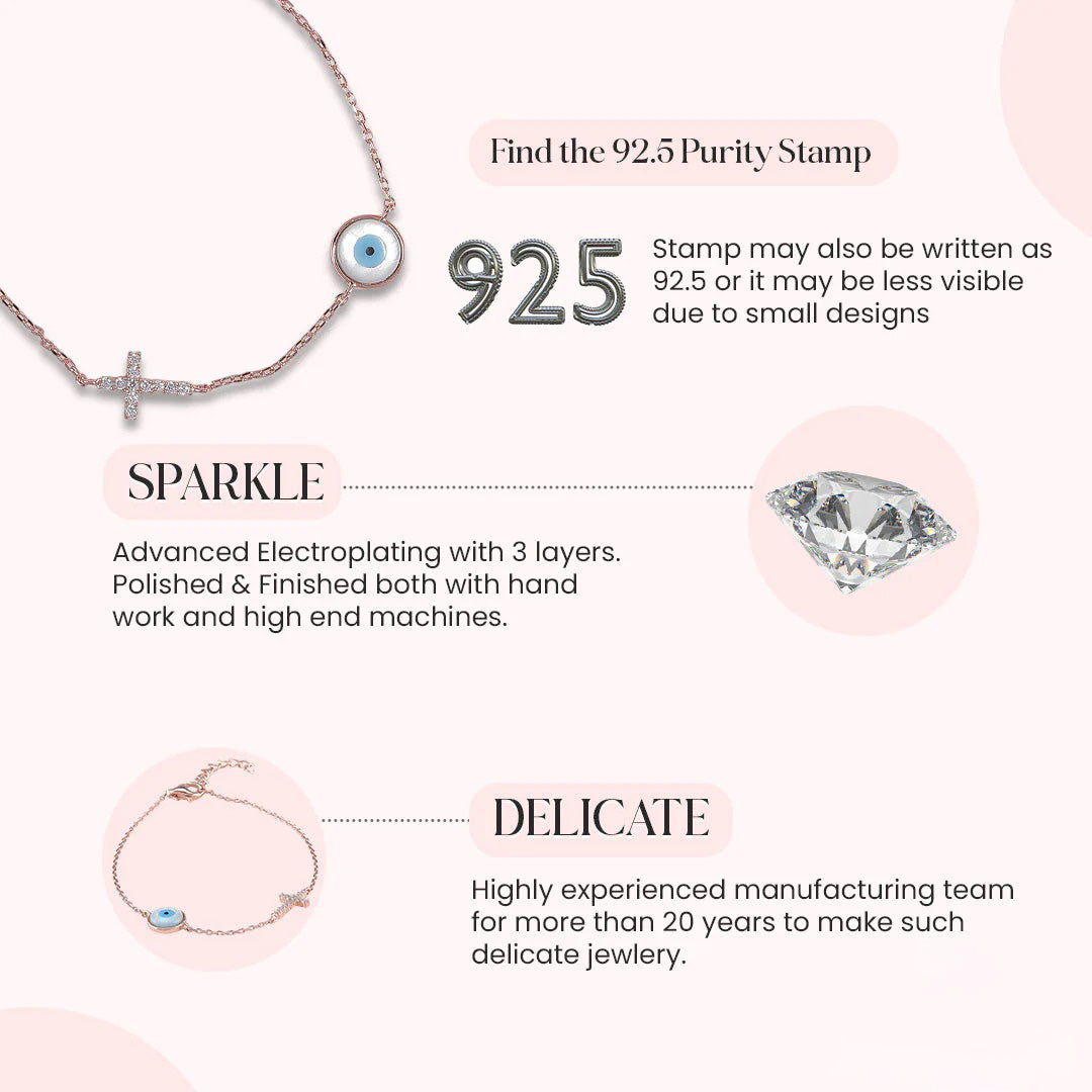LUSO 92.5% Pure Sterling Silver Evil Eye Rose Gold Plated Bracelet with Cross