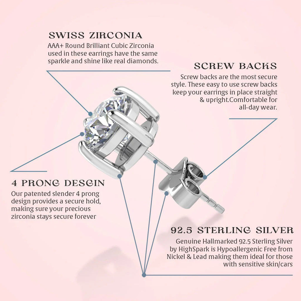 LUSO 92.5% Pure Sterling Silver Classic Diamond Stud Earrings